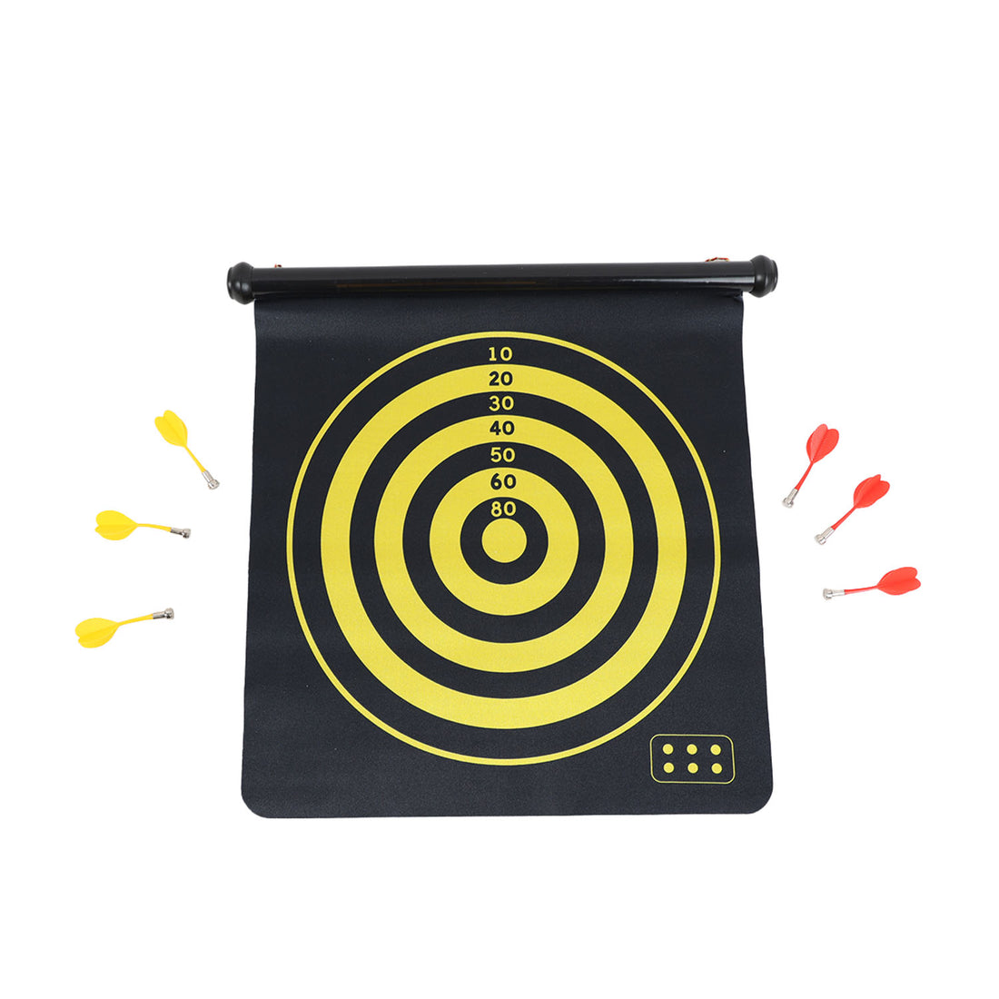 Black dartboard target with concentric yellow rings and bottom number board, plus darts