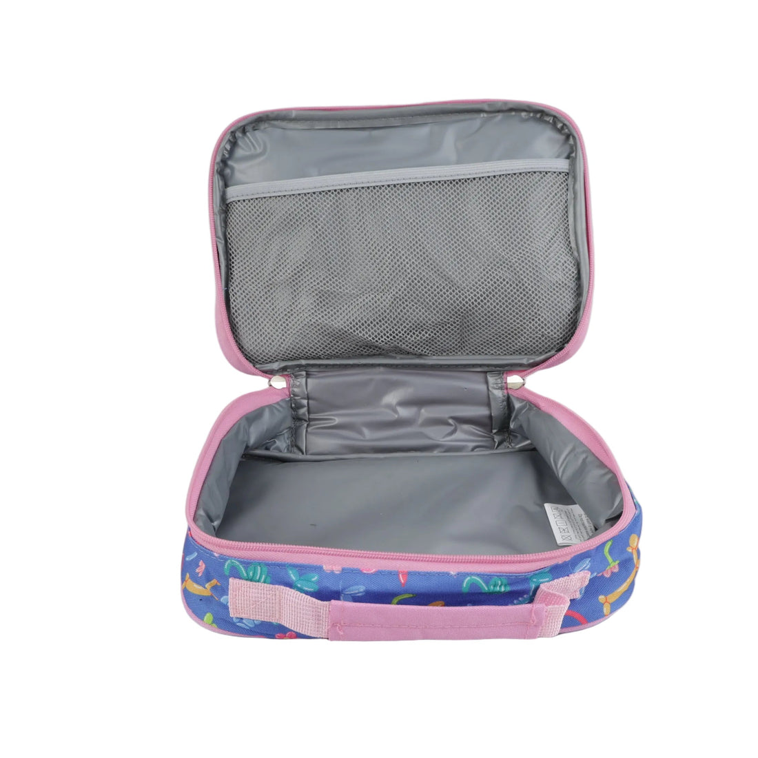Kids lunch bag with colorful print, open top, gray mesh interior and zipper closure
