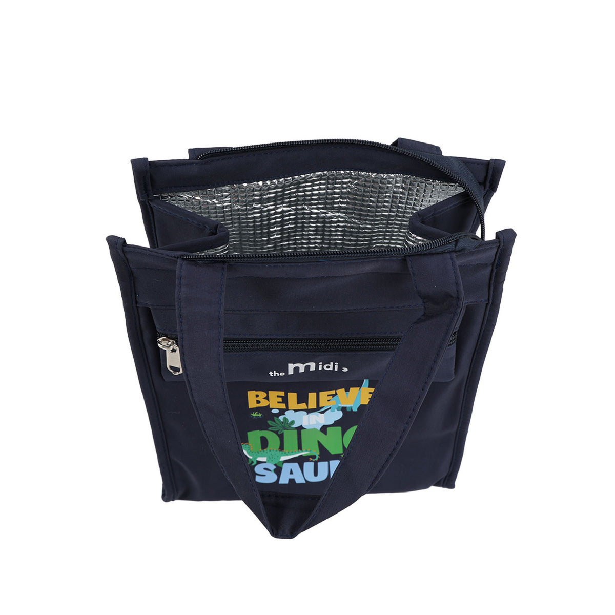 Navy dinosaur lunch tote bag with reflective lined interior and front zip pocket