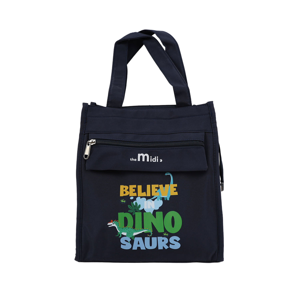 Navy dinosaur lunch tote bag with front zip pocket and 'Believe Dino Saur' graphic