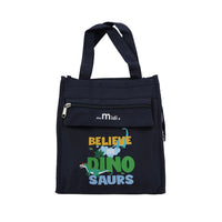 Navy dinosaur lunch tote bag with front zip pocket and 'Believe Dino Saur' graphic