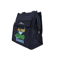 Navy dinosaur lunch tote bag with side zip pocket and 'Believe Dino Saur' graphic