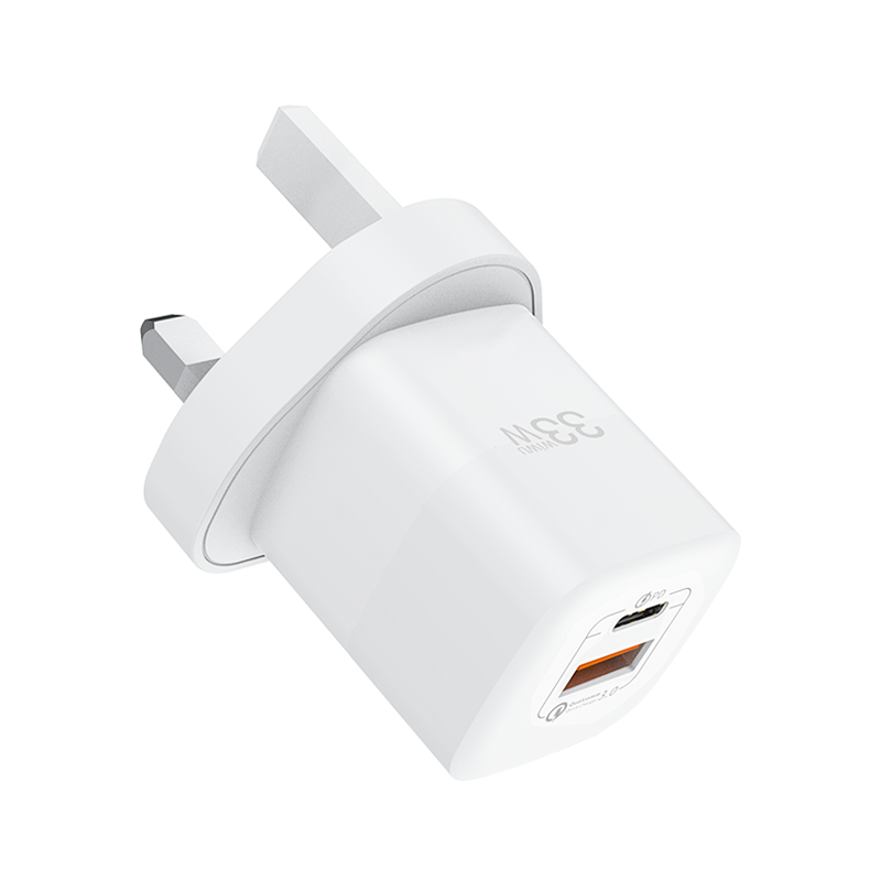 White USB-C wall charger with orange-lit USB port, UK plug