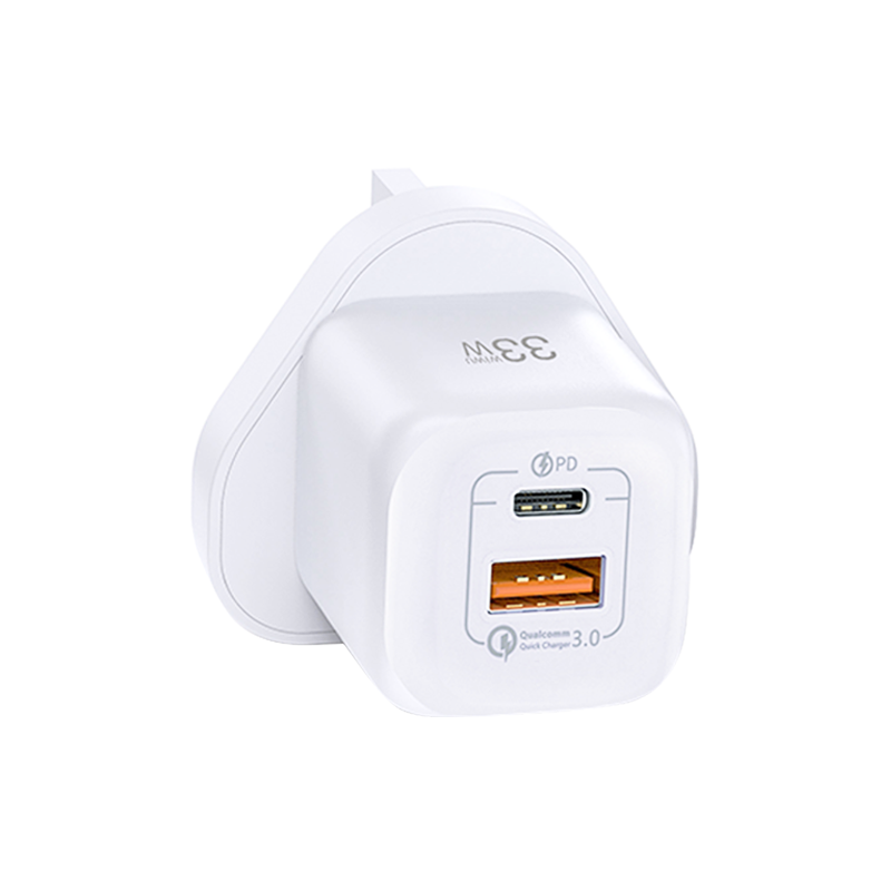 White fast charging wall charger with USB-C PD and USB-A QC 3.0 ports