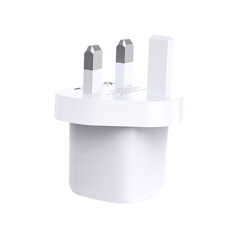 White UK plug adapter with two metal prongs and protective plastic body