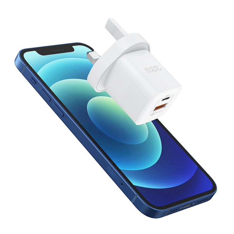 White 20W USB-C wall charger with dual USB-A/USB-C ports, UK plug