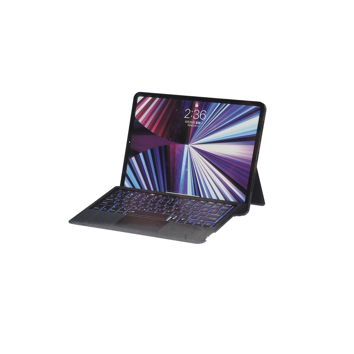 MAG TOUCH iPad keyboard case open with backlit keys and viewing stand