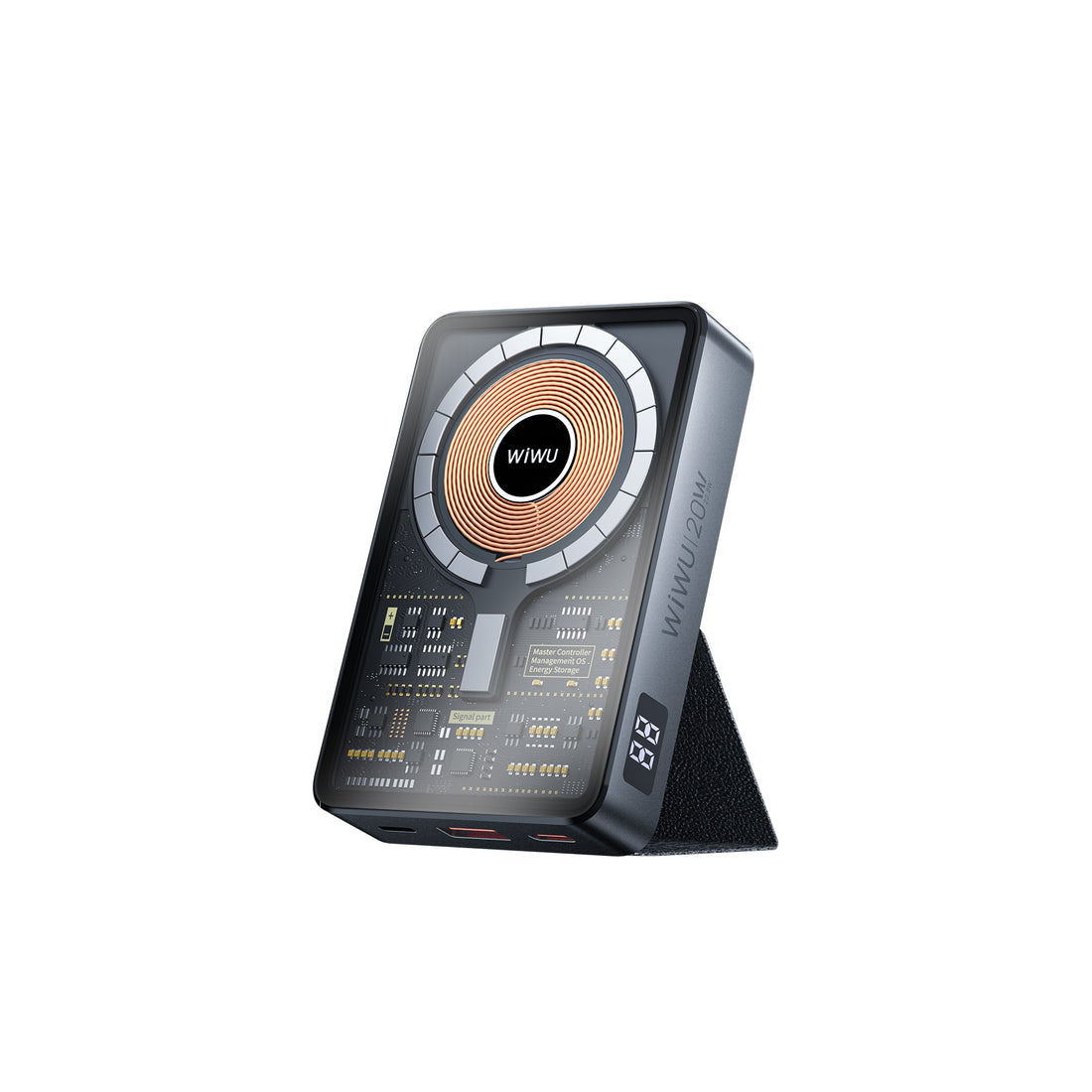 Wireless portable charger with copper wireless coil and circuit pattern face, dark gray