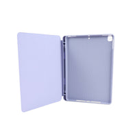 Light purple folio tablet case with open cover revealing textured back shell