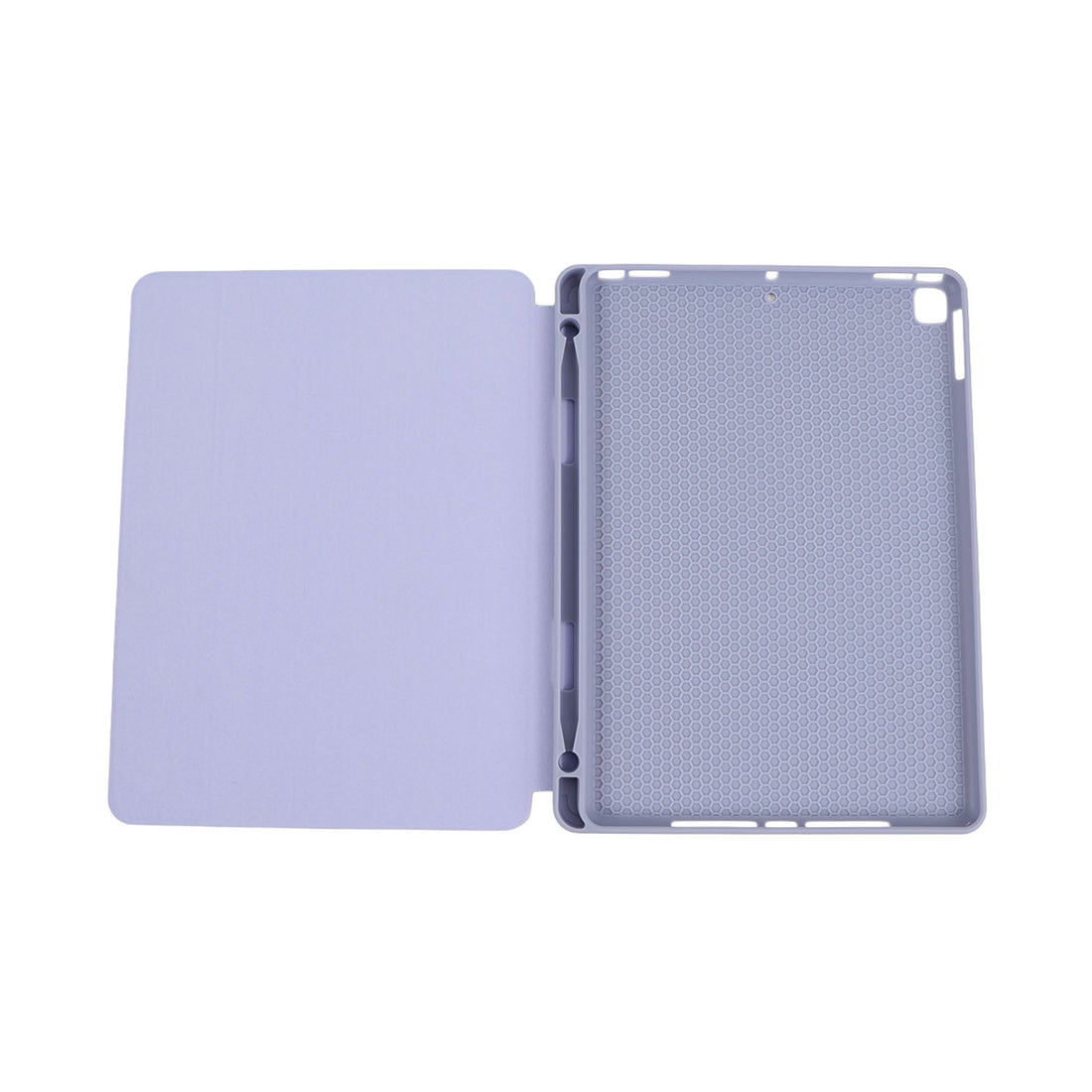 Folio protective iPad case open view, textured back panel and cutouts