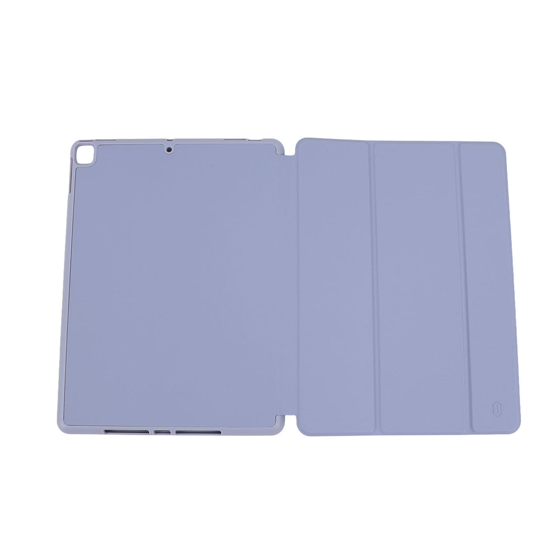 Folio protective iPad case open, left cover and right panel with seams