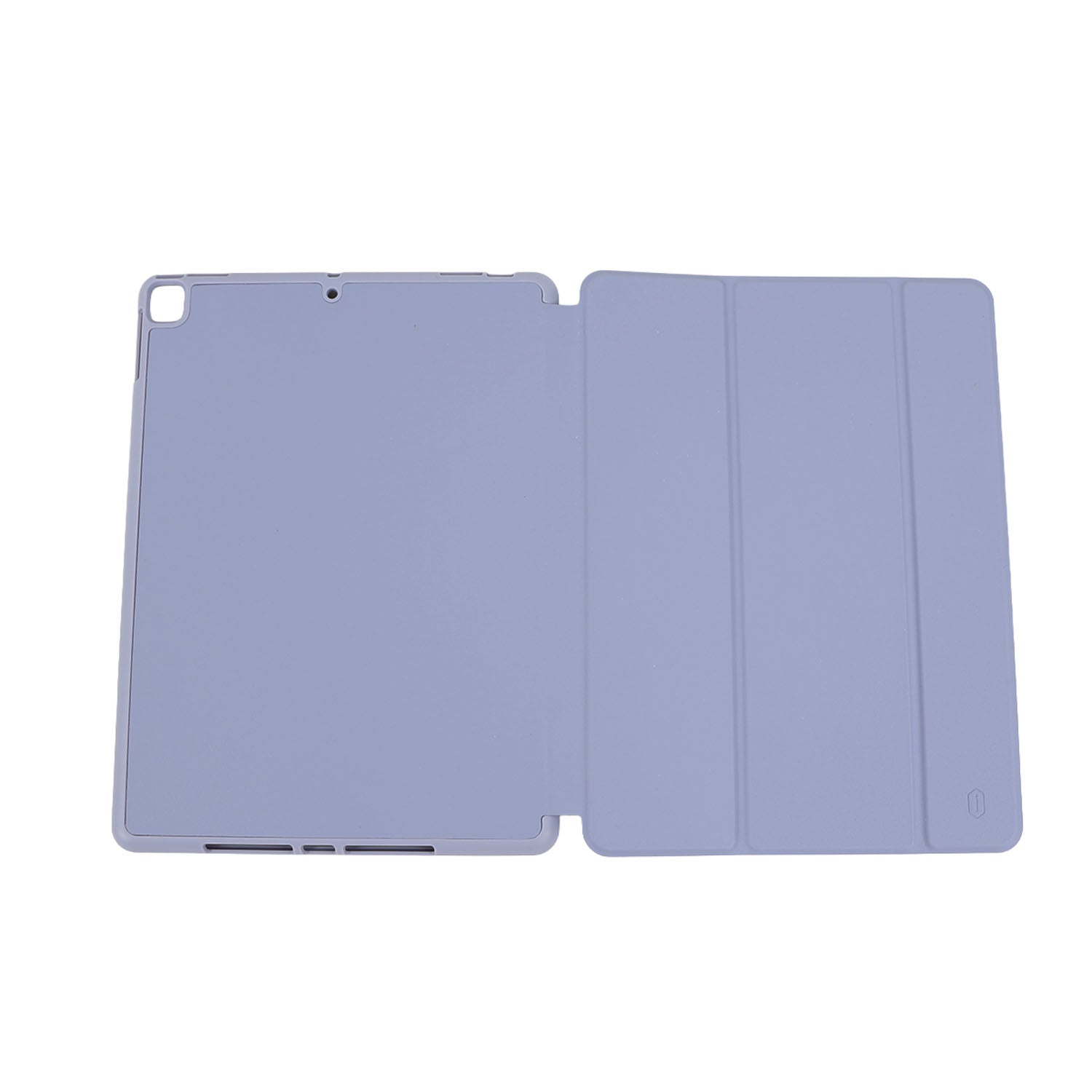 Folio protective iPad case open, left cover and right panel with seams