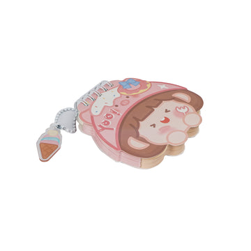 Small spiral notebook with cute cartoon cover, pink character face and stars