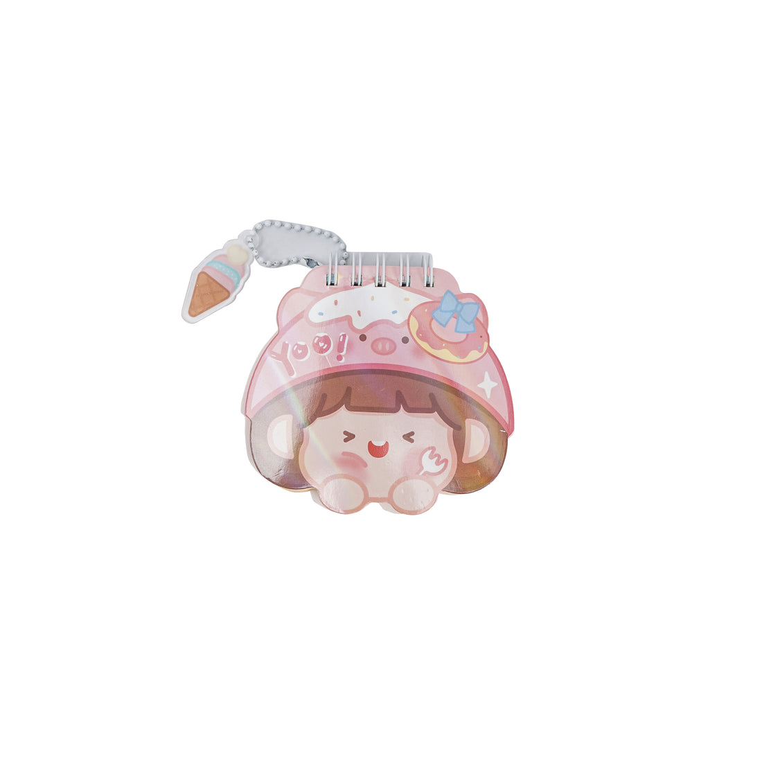 Small spiral notebook with cartoon cover and metal coil rings, smiling character