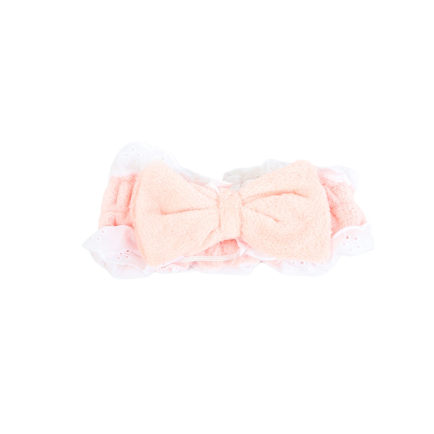 Plush hair band with bow in light pink, soft fabric and ruffled trim