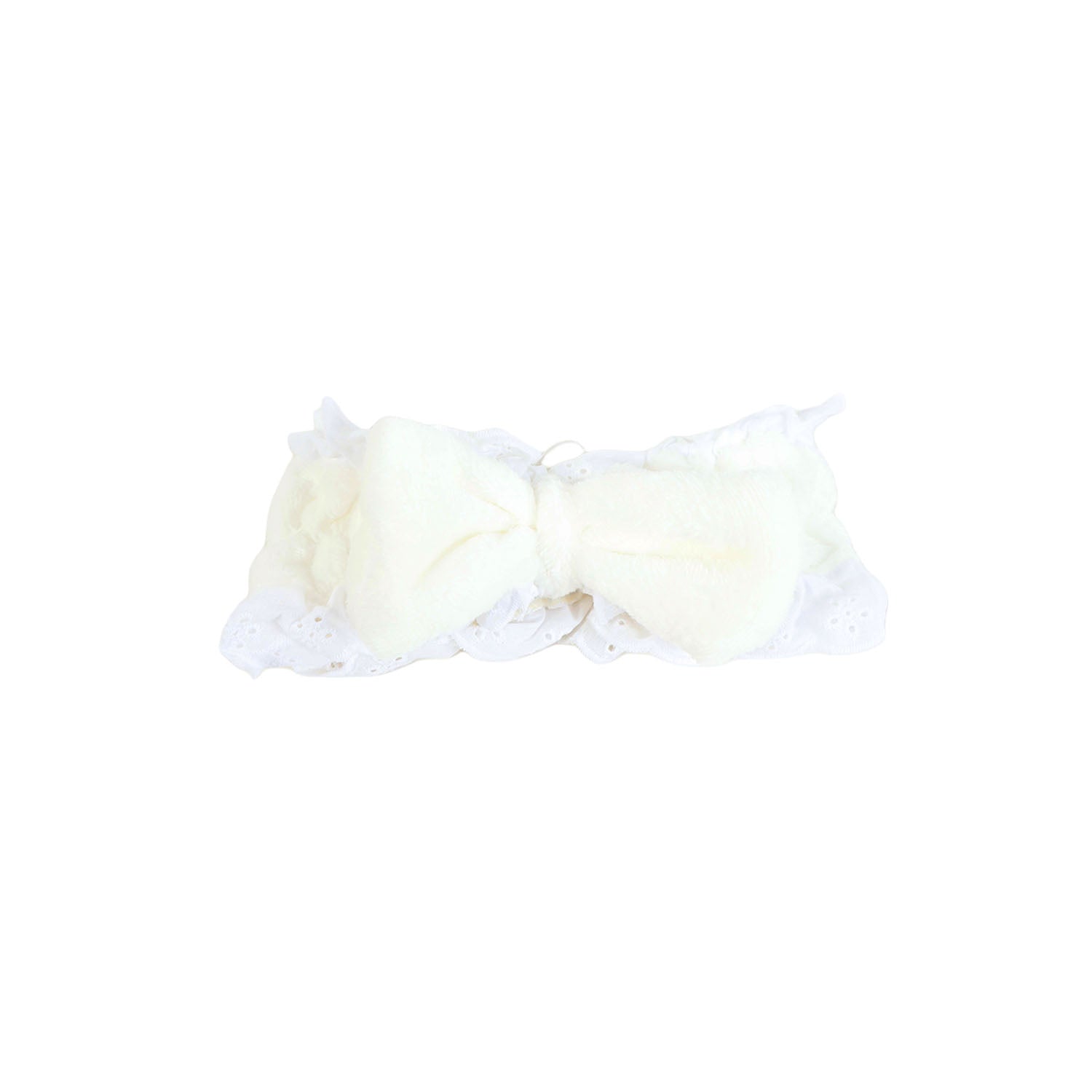 Plush hair band with bow in white, soft fabric with ruffled lace trim