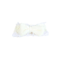 Plush hair band with bow in white, soft fabric with ruffled lace trim