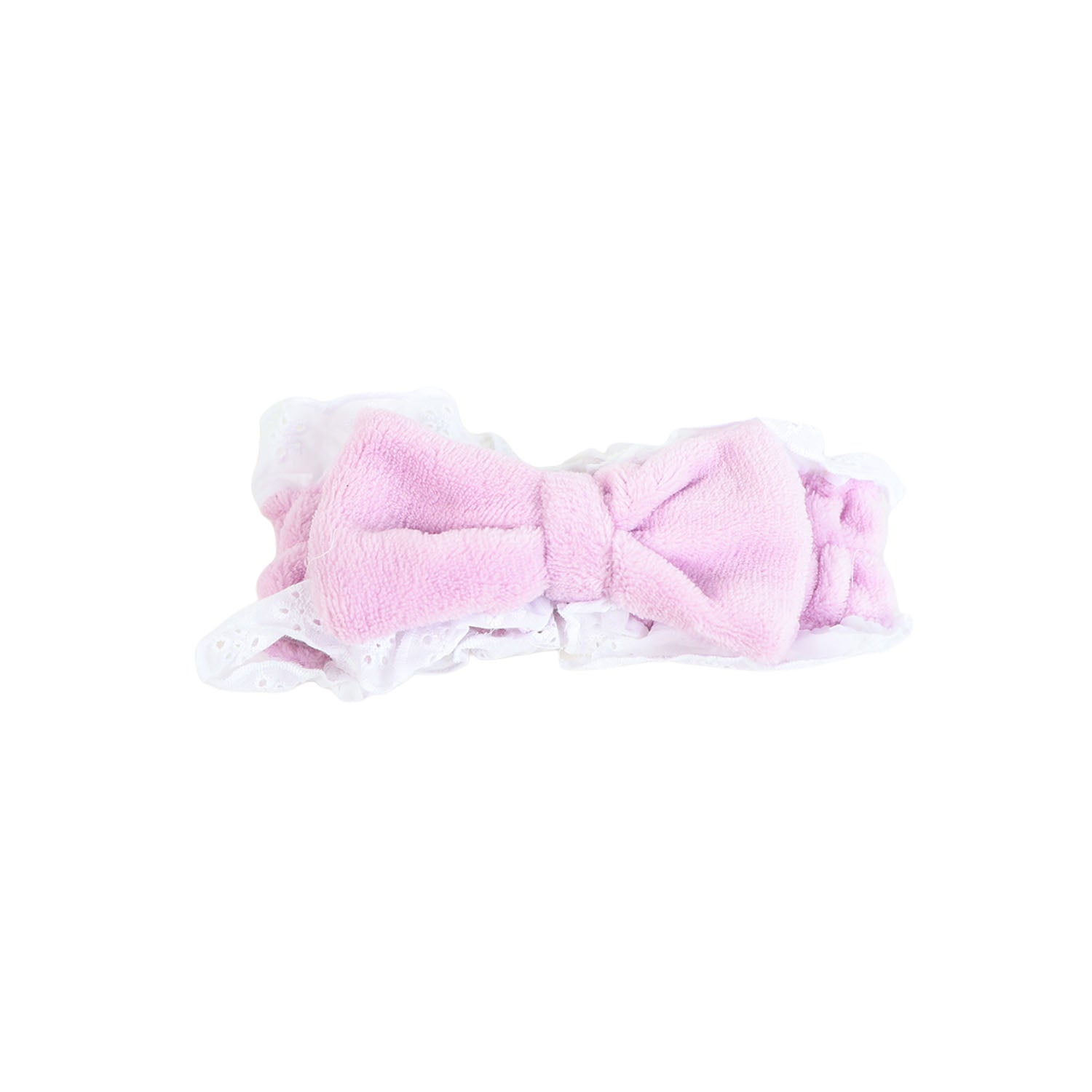 Plush hair band with bow in pink, plush center with ruffled white trim