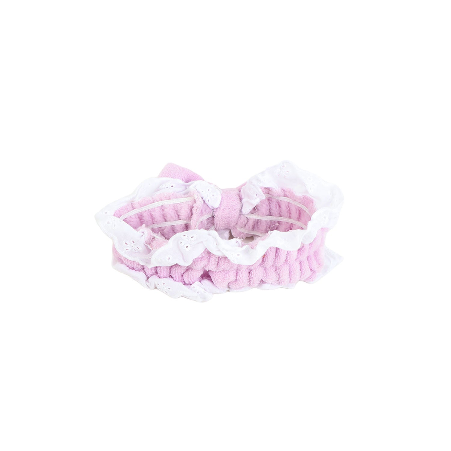 Plush hair band with bow in light pink, textured band with ruffled trim