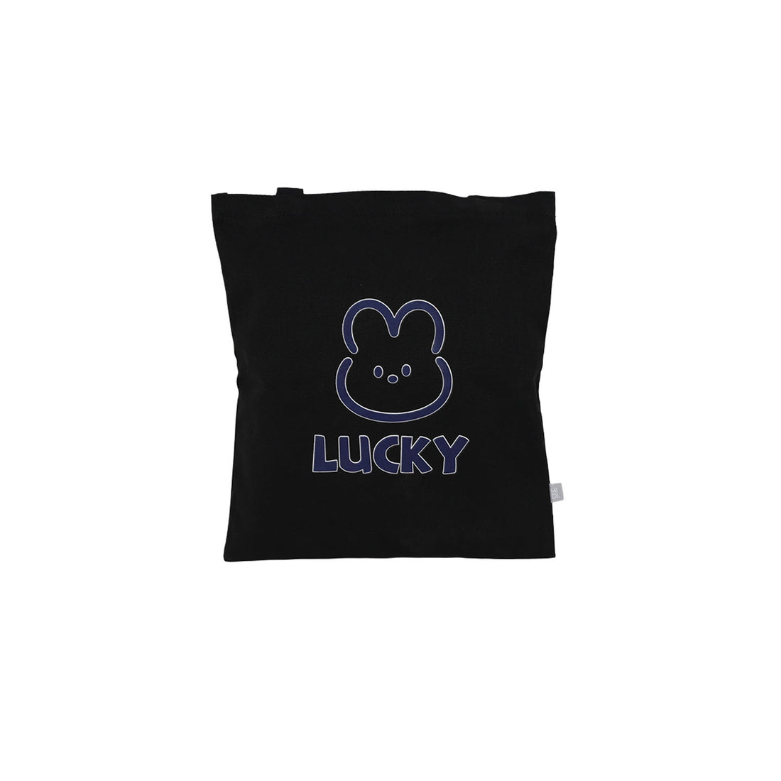 Black tote bag with blue outlined bear icon and 'LUCKY' lettering