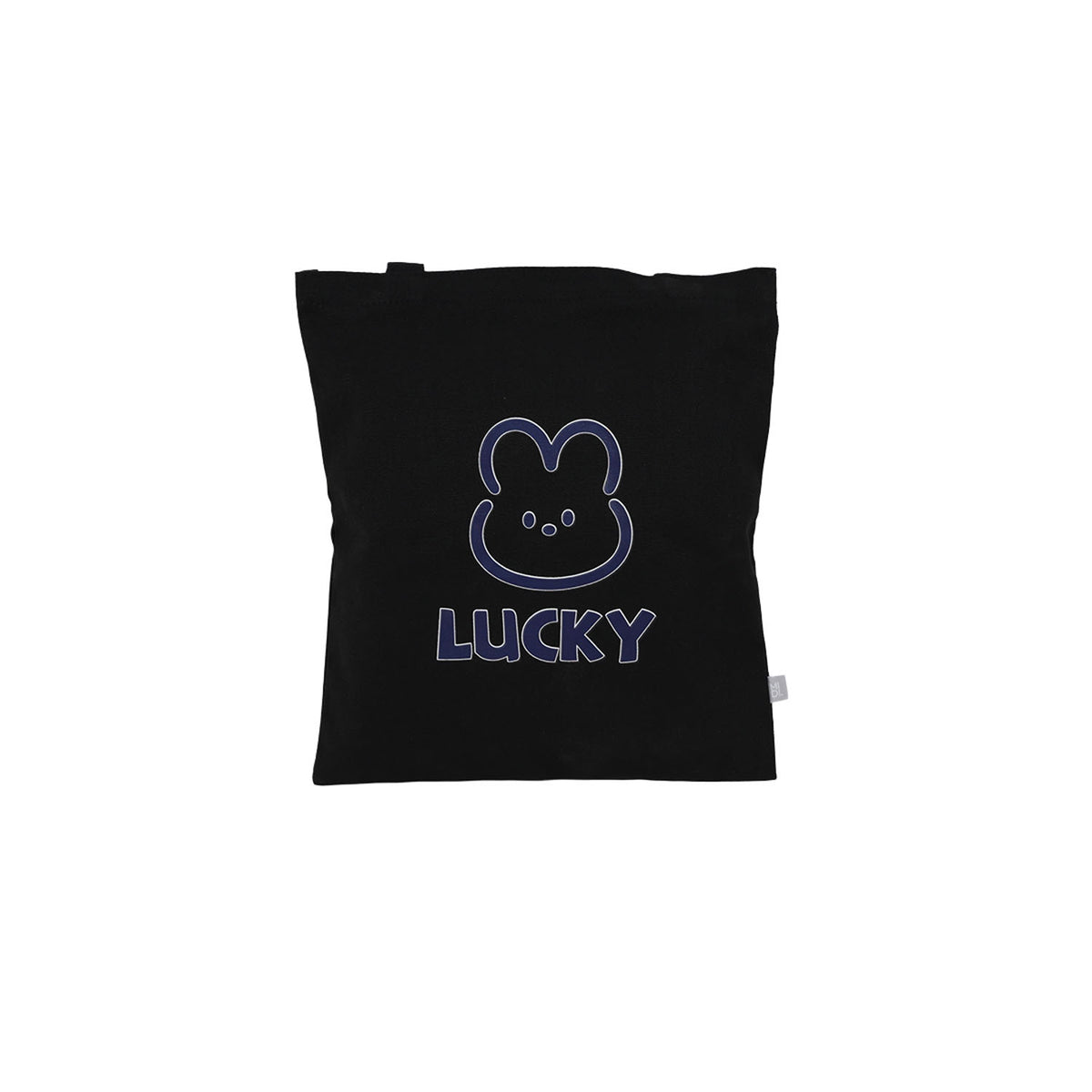 Black tote bag with blue outlined bear icon and 'LUCKY' lettering