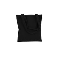 Black tote bag with two handles, plain front view with no visible graphic