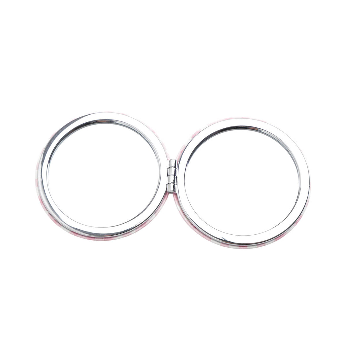 Round double-sided compact mirror with two chrome circles, closed