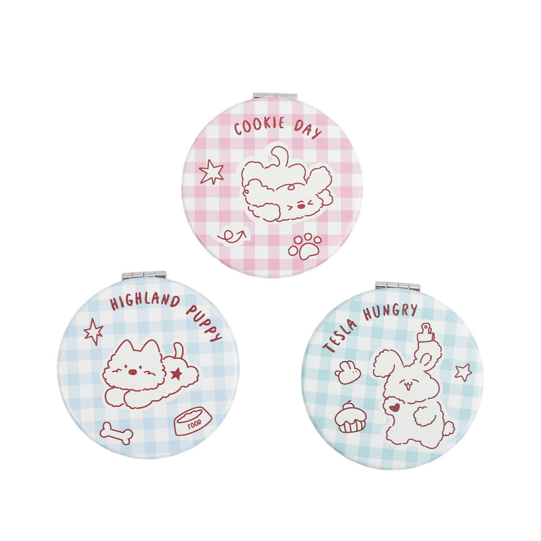 Set of round compact mirrors with plaid puppy designs and flip-top clasp (3-pack)