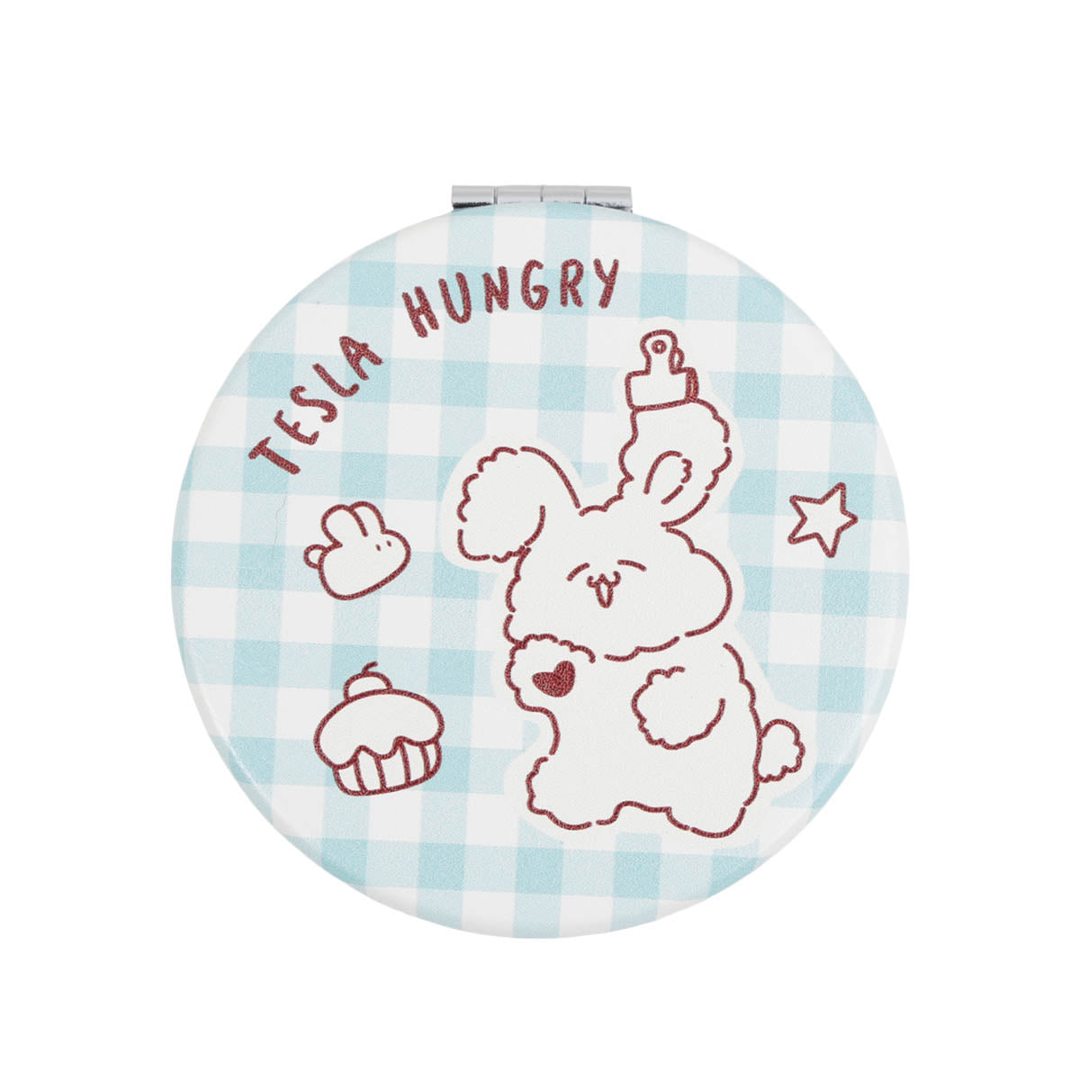 Round compact mirror with blue plaid background and outlined hungry puppy illustration