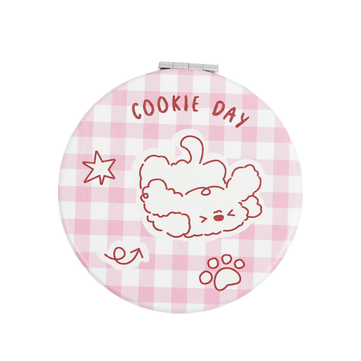 Round compact mirror with pink gingham background and outlined cookie day puppy