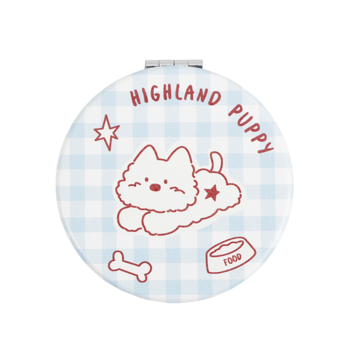Round compact mirror with light blue plaid background and “Highland Puppy” text