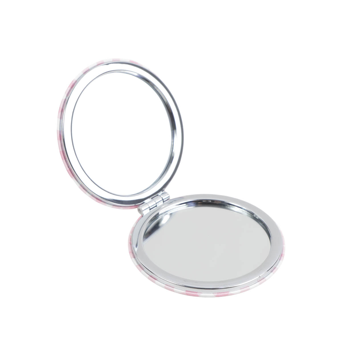 Round double-sided compact mirror with chrome circles open for use