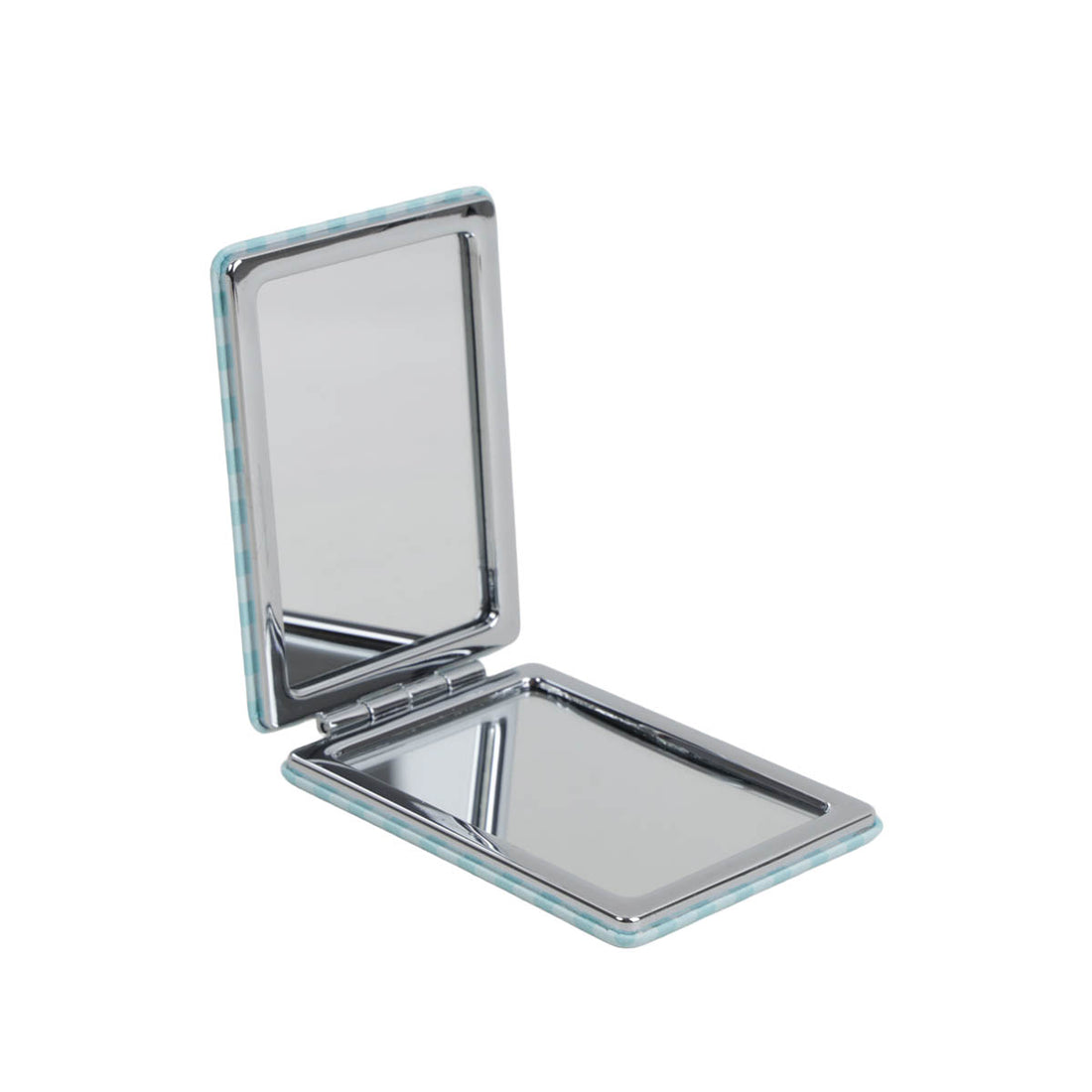 Square double-sided compact mirror with turquoise frame, open view of both mirror sides