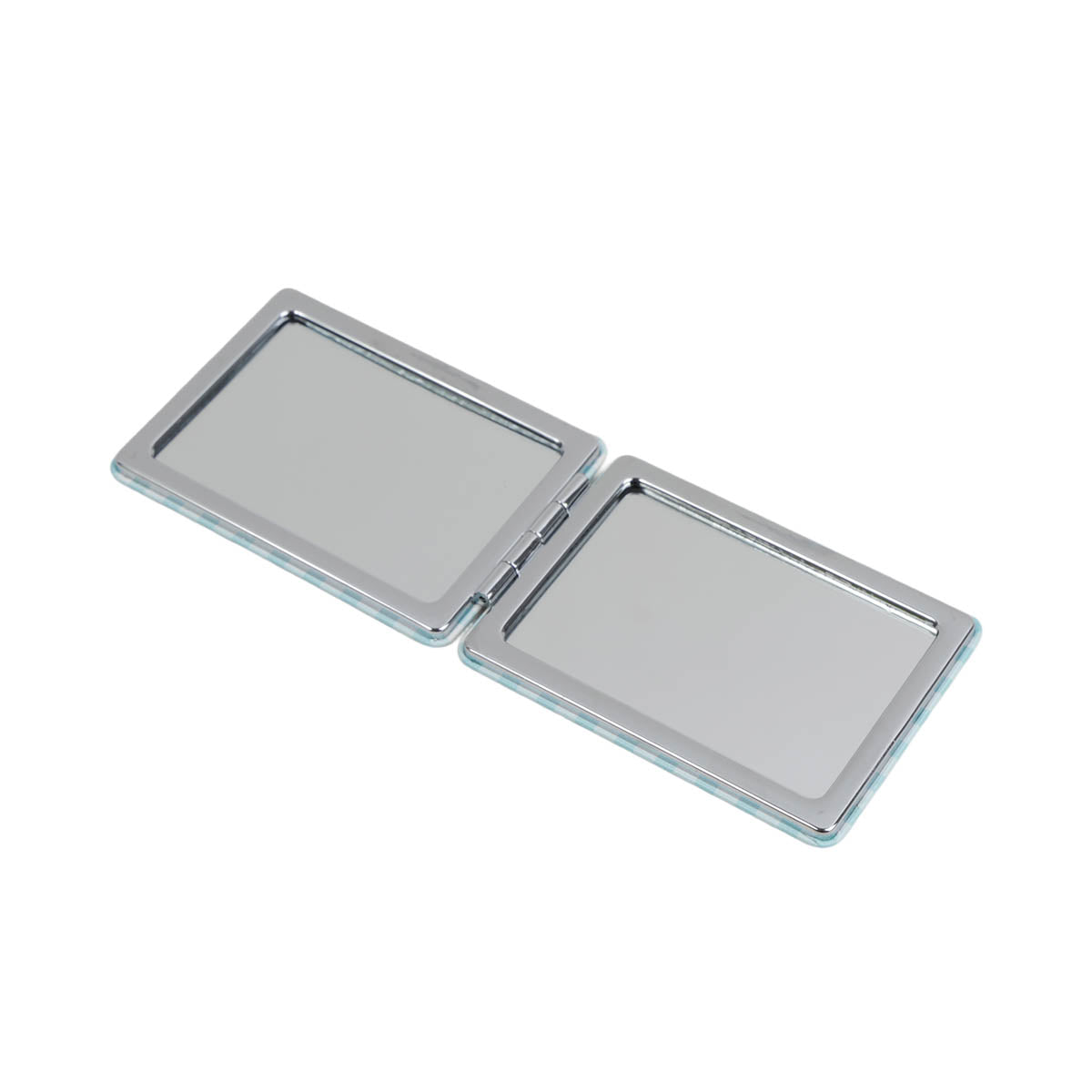 Square double-sided compact mirror, two open mirror panels with light blue trim border