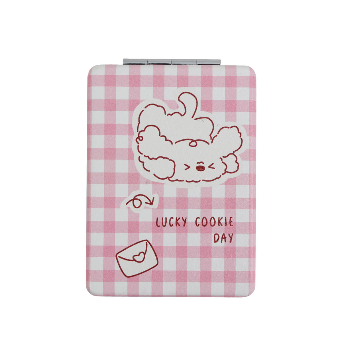 Square double-sided compact mirror with pink gingham cover and puppy line-art design