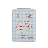 Square double-sided compact mirror with blue gingham cover and puppy illustration