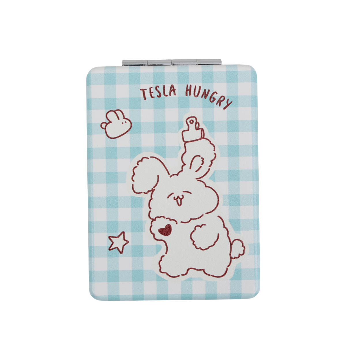 Square double-sided compact mirror with light blue gingham cover and puppy “TESLA HUNGRY” text