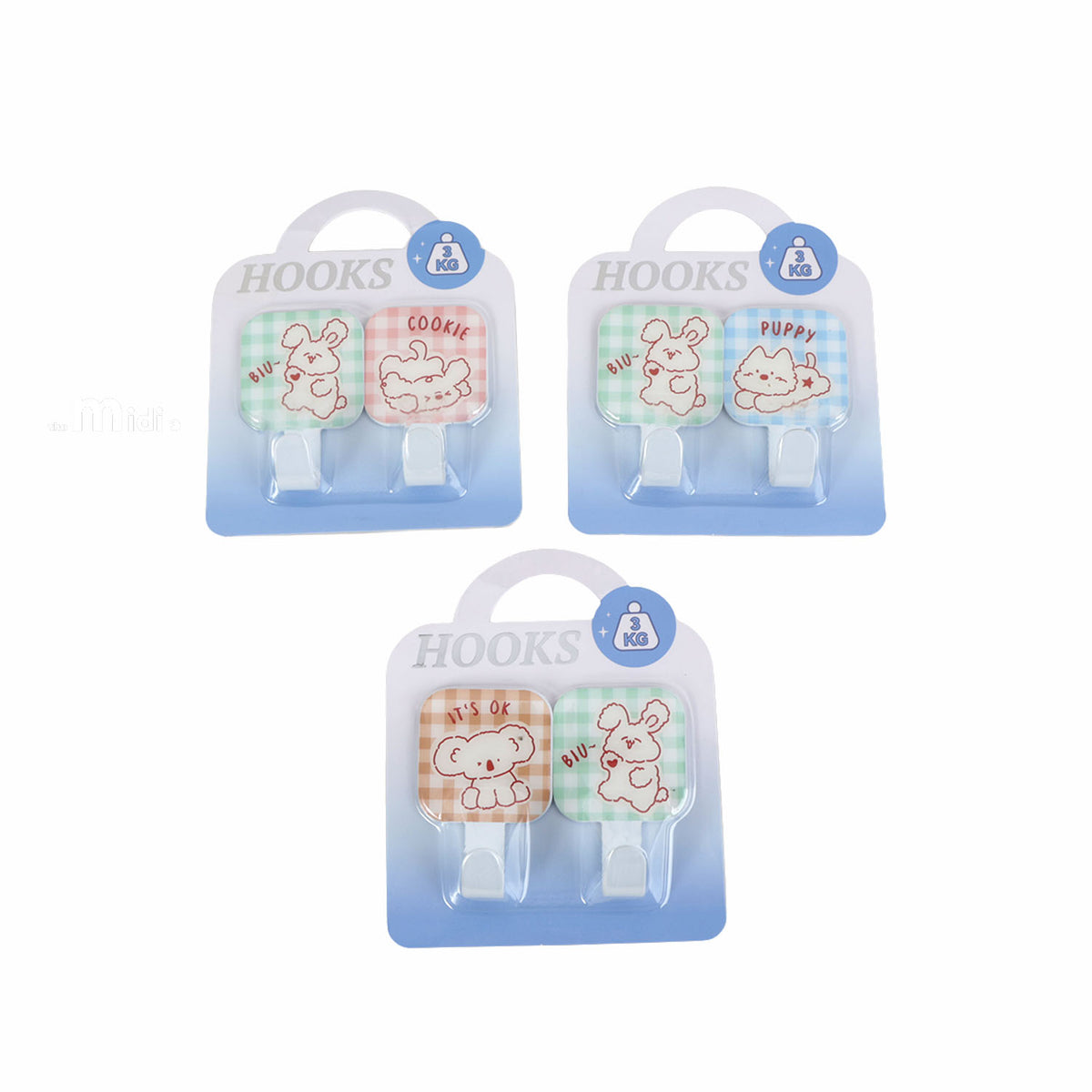 Cartoon metal hooks multipack showing three pairs of white hook bases with animal patches