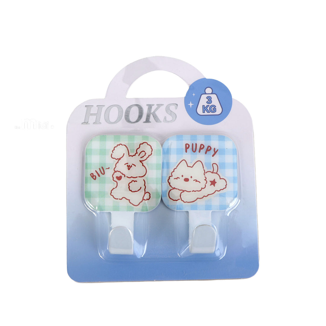 Cartoon metal hooks 2-pack with two kid-themed patch designs and four white hook bases