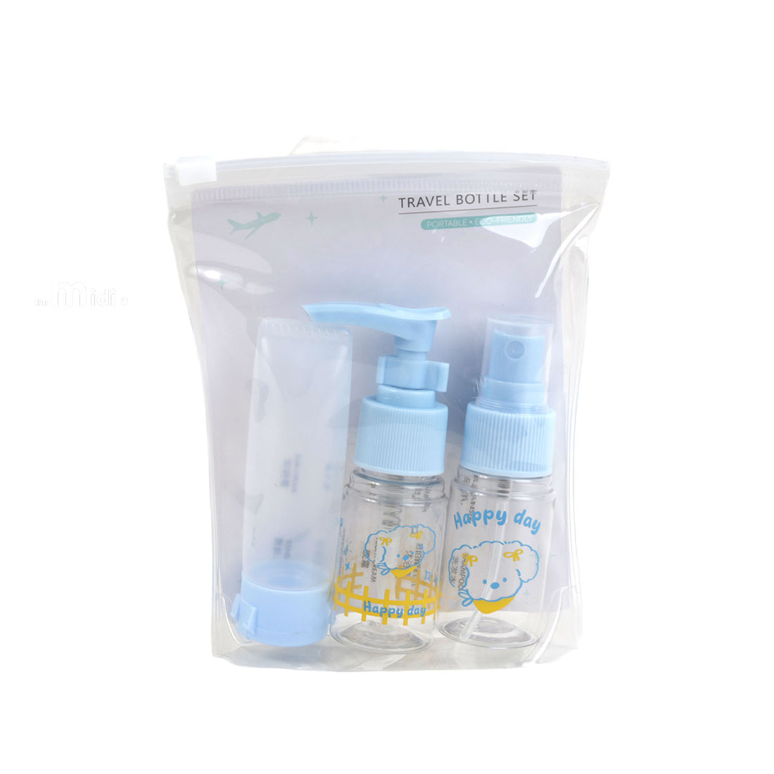 Three clear travel bottles with blue tops and puppy prints inside a transparent pouch