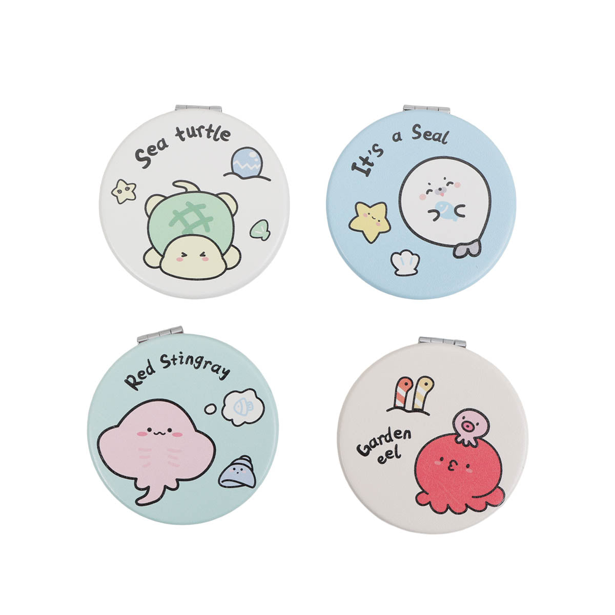 Set of round double-sided leather mirrors with sea animal illustrations