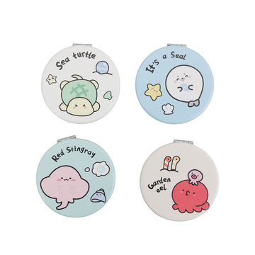 Set of round double-sided leather mirrors with sea animal illustrations