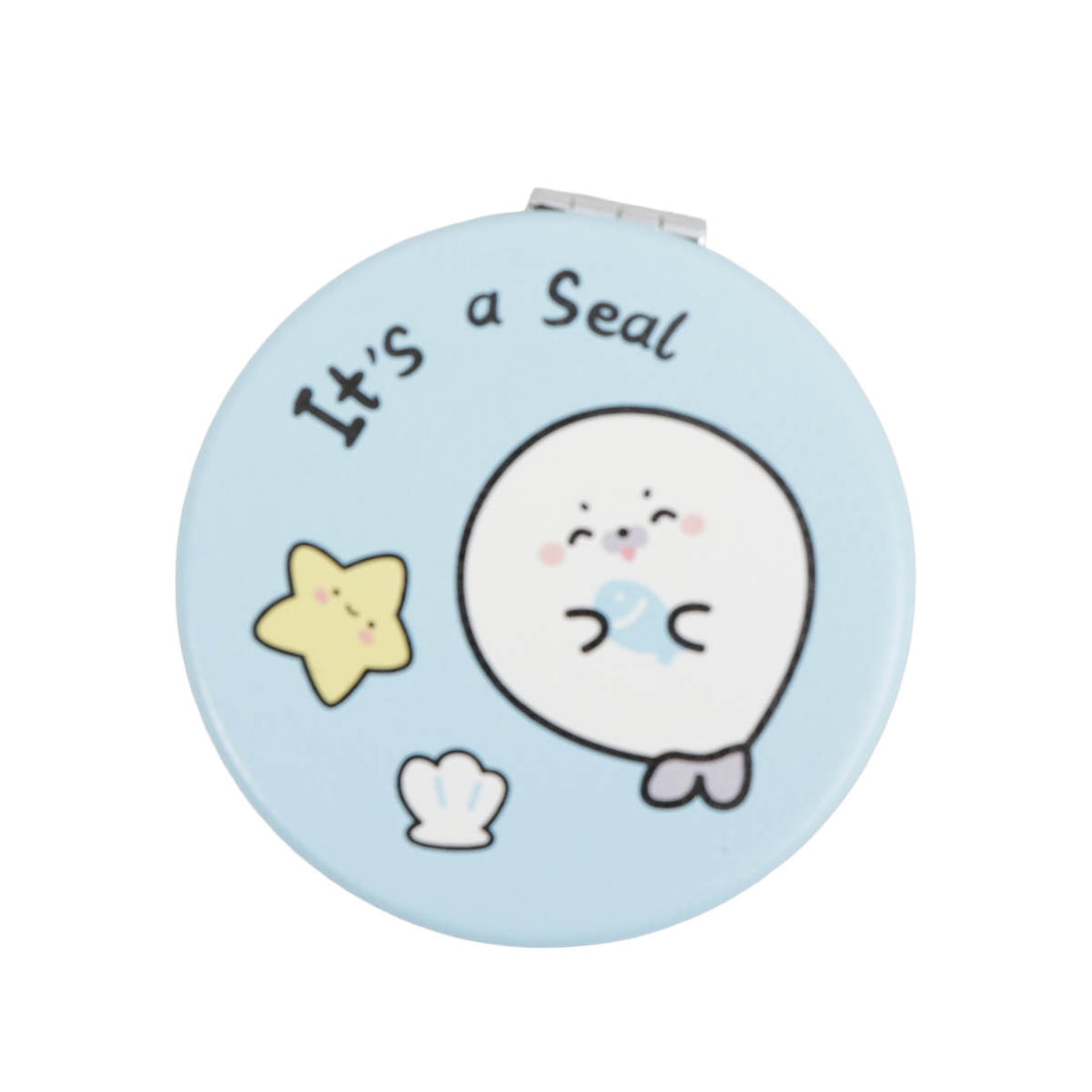 Blue round double-sided leather mirror with seal illustration