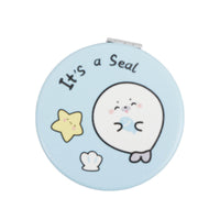 Blue round double-sided leather mirror with seal illustration