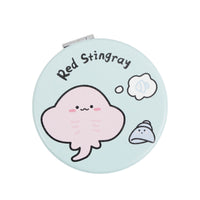Light blue round double-sided leather mirror with red stingray