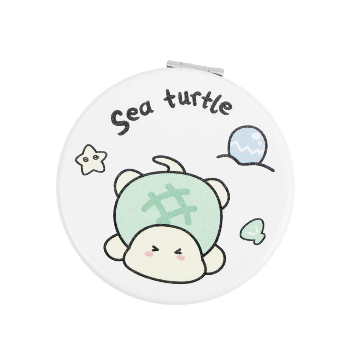 White round double-sided leather mirror with sea turtle illustration