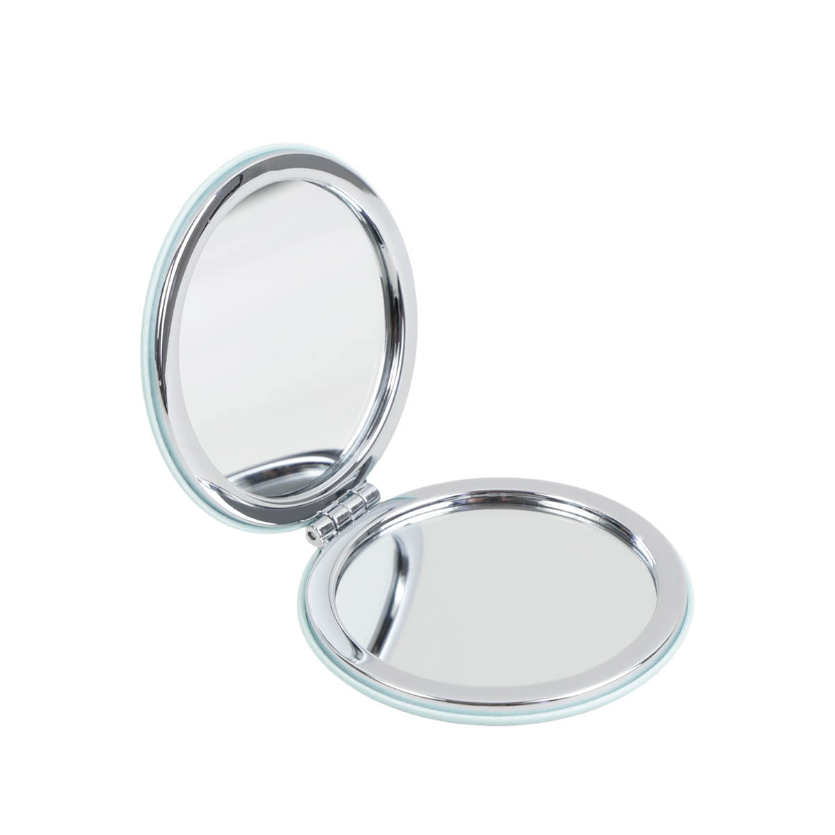 Round double-sided compact mirror with chrome frames, open
