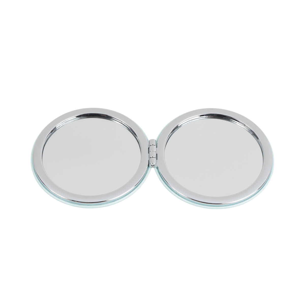 Pair of round mirror faces in double-sided compact, chrome frame