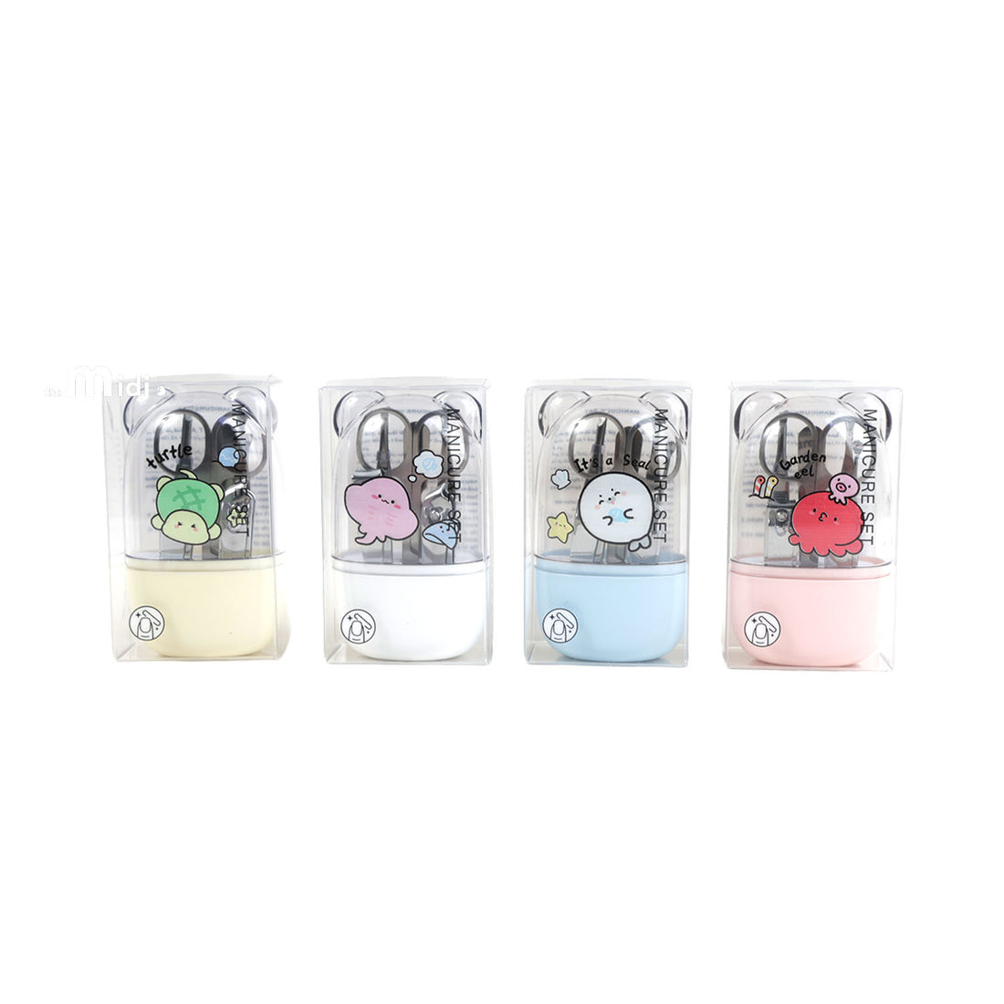 Four ocean-themed nail care kits in yellow, white, blue and pink cases