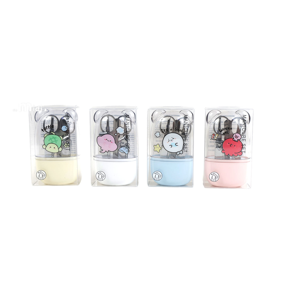 Four ocean-themed nail care kits in yellow, white, blue and pink cases